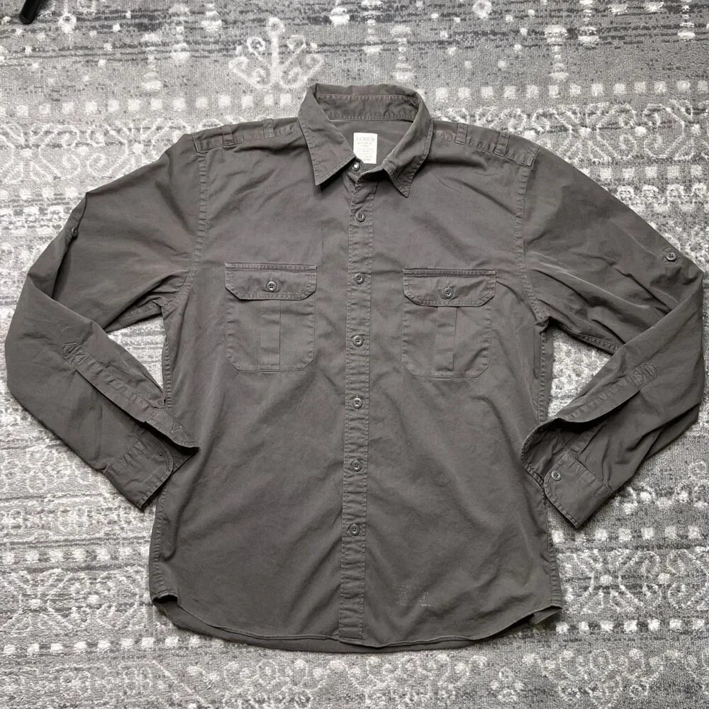 J Crew Broken In Chino Button Up Shirt Large Army Green Military Safari READ